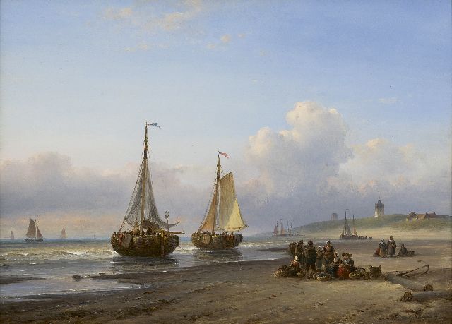 Kleijn L.J.  | Fishing boats and fishermen on the beach of Scheveningen, oil on panel 30.0 x 40.5 cm, signed l.r.