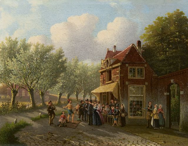 Bles J.  | A magician by a village tavern, oil on panel 20.6 x 26.2 cm, signed l.r.