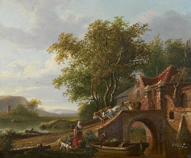 Jacobus van der Stok | A cowherd with cows in a summer landscape, oil on panel, 32.1 x 38.6 cm