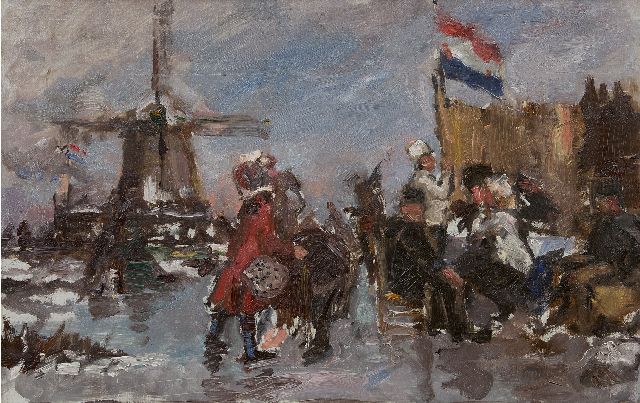 Albert Roelofs | Skaters in a Dutch winter landscape, oil on canvas, 39.8 x 60.3 cm, painted 1899