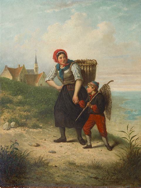 Damschreuder J.J.M.  | A fisherman's wife with her child in the dunes, oil on canvas 93.6 x 71.1 cm, signed l.r. and dated 1867