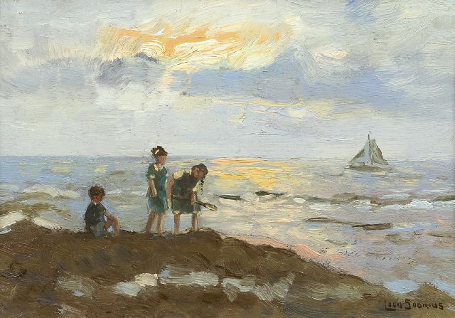 Louis Soonius | Children on the beach, oil on panel, 19.9 x 28.0 cm, signed l.r.