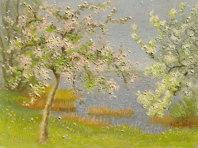 Dirk Smorenberg | Flowering trees in the painter's garden on the Loenderveense Plas, oil on board, 18.0 x 23.9 cm, signed l.r.