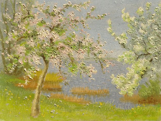 Smorenberg D.  | Flowering trees in the painter's garden on the Loenderveense Plas, oil on board 18.0 x 23.9 cm, signed l.r.