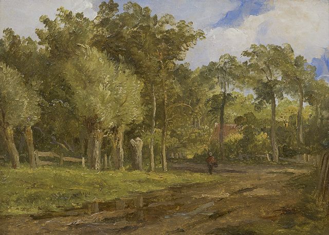 Arnoldus Johannes Eymer | Wooded landscape with a figure on a dirt road, oil on painter's board, 16.1 x 22.0 cm