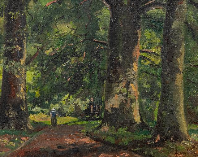 Vuuren J. van | Walking woman in the woods, oil on canvas laid down on panel 24.0 x 30.0 cm, gesigneerd r.o.