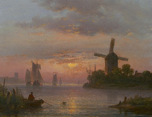 Lodewijk Johannes Kleijn | A Dutch river landscape at sunset, oil on panel, 21.2 x 27.4 cm