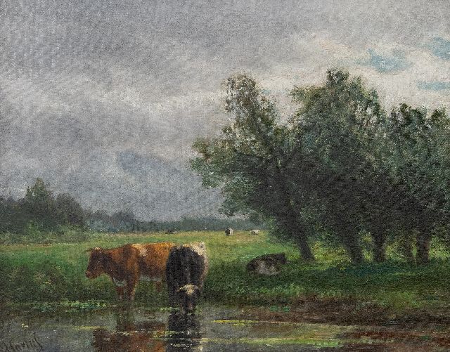 Hendrik Savrij | A polder landscape with drinking cattle, oil on canvas, 37.0 x 47.2 cm, signed l.l.