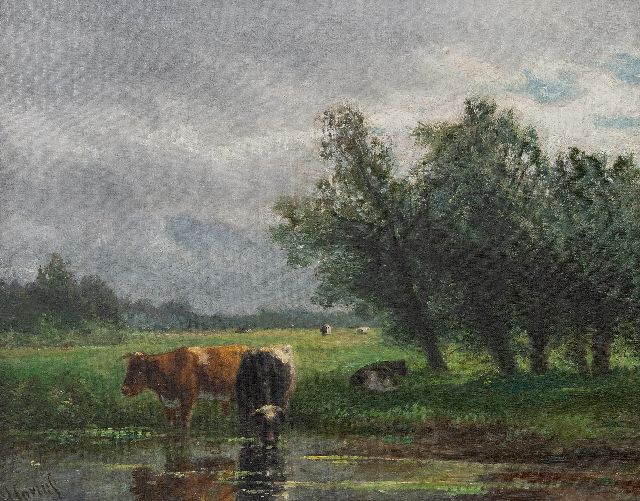 Savrij H.  | A polder landscape with drinking cattle, oil on canvas 37.0 x 47.2 cm, signed l.l.