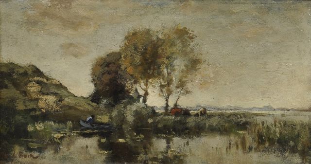 Théophile Emile Achille de Bock | Landscape with cows, oil on panel, 17.0 x 31.0 cm, signed l.l.