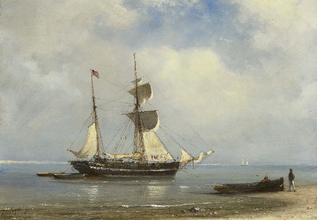 Schiedges P.P.  | A sailing ship achored in a calm sea, oil on panel 24.6 x 34.1 cm, signed l.l. and dated '59