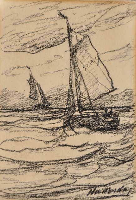 Hendrik Willem Mesdag | Fishing boats at sea, charcoal on paper, 19.5 x 13.5 cm, signed l.r.