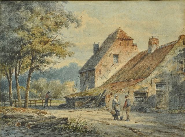 Eversen A.  | Country people by a farm, watercolour on paper 23.6 x 30.1 cm, signed l.l. with monogram