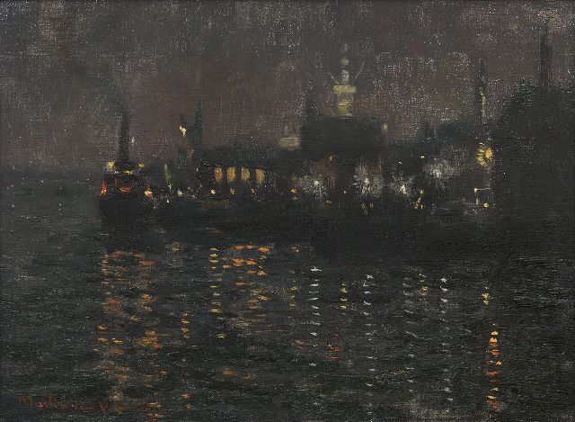 Waning G.M.W.F. van | Harbour at night, oil on canvas 30.2 x 40.3 cm, signed l.l.