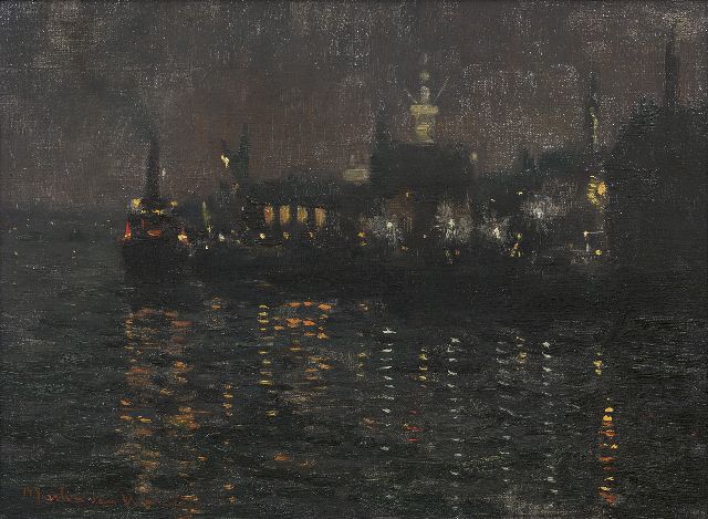 Martin van Waning | Harbour at night, oil on canvas, 30.2 x 40.3 cm, signed l.l.