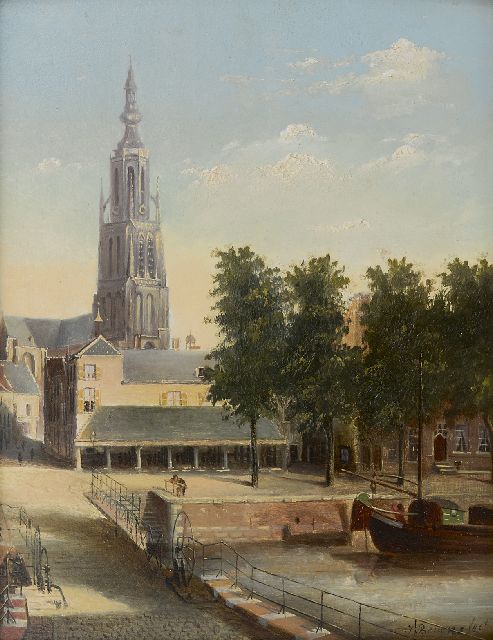 Beyens J.  | A view of the Hoge bridge, fish market and the Grote Kerk in Breda, oil on panel 22.9 x 18.0 cm, signed l.r. and dated 1882