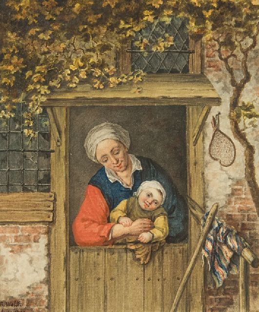 Wolff B.  | A farmer's wife with her child in a doorway, watercolour on paper 14.2 x 12.3 cm, signed l.l. and dated 1793