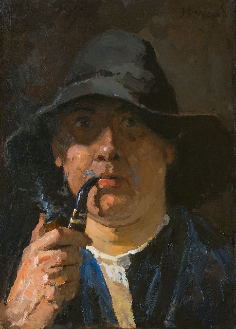 Jan Harm Weijns | Self portrait with pipe, oil on board, 42.9 x 31.7 cm, signed u.r.