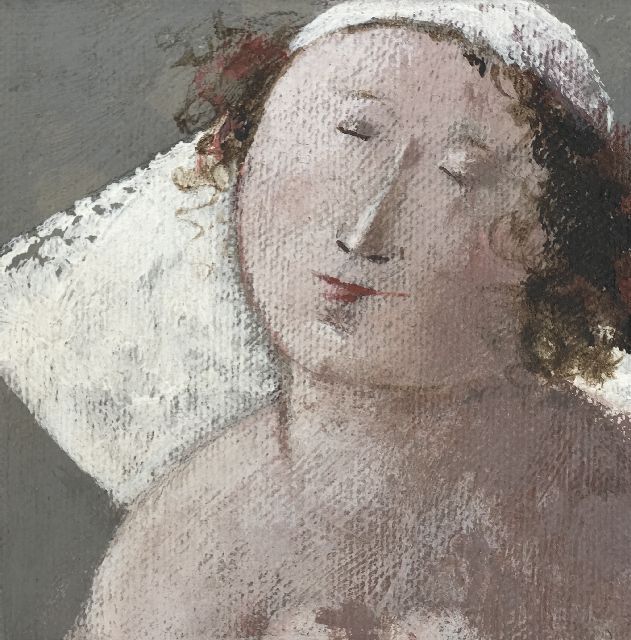 Evert van Hemert | Sleeping bride, acrylic on canvas, 10.1 x 10.1 cm, signed underside of the canvas