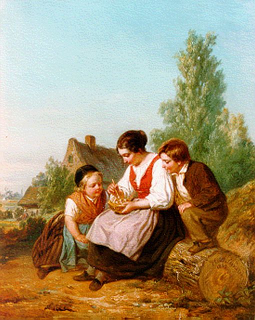 Teenstra K.D.  | Feeding the birds, oil on panel 31.0 x 25.0 cm, signed l.r. and dated 1843