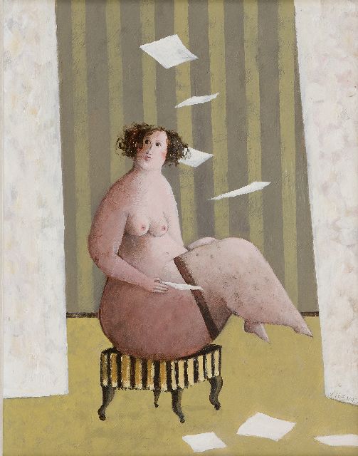 Evert van Hemert | The letter, acrylic on board, 46.0 x 36.0 cm, signed l.r. on the curtain