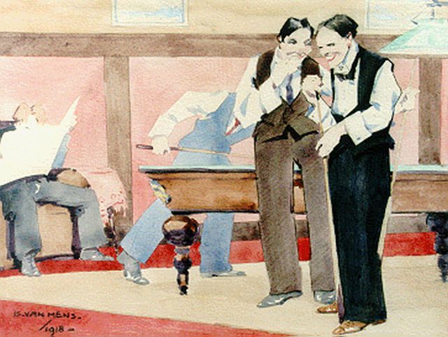 Is Mens | A game of billiards, watercolour on paper, 25.0 x 32.5 cm, signed l.l. and dated 19818