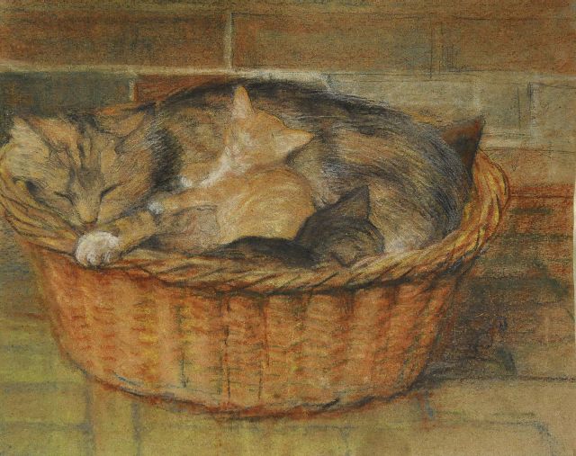 Attie Dyserinck | Sleeping cat and kittens in a basket, pastel on paper, 31.9 x 40.0 cm, signed l.r. with initials
