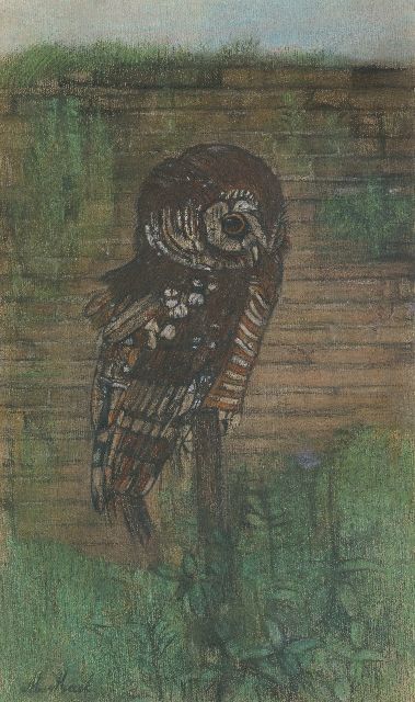 Margaretha Mack | Owl on pole, pastel on paper laid down on cardboard, 49.5 x 30.1 cm, signed l.l.