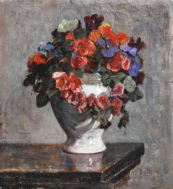 Schregel B.P.  | Pansies in a white vase, oil on canvas 32.9 x 30.4 cm, signed l.r.