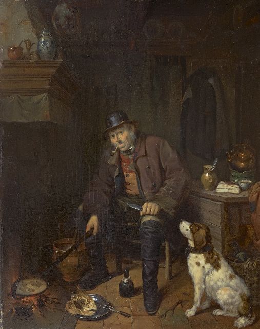 Canta J.A.  | An interior with a hunter and his dog, oil on panel 58.8 x 47.3 cm, signed c.r. on the table edge