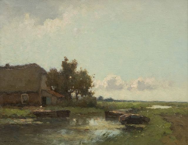 Aris Knikker | Moored barges by a farm, oil on canvas, 32.3 x 41.1 cm, signed l.l.