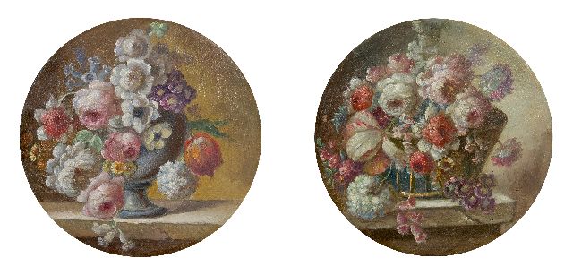 Spaendonck (omgeving van) C. van | Miniatures of a still life with cabbage roses (2), oil on copper 8.6 cm