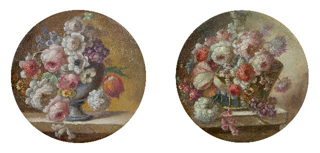 Omgeving van Cornelis van Spaendonck | Miniatures of a still life with cabbage roses (2), oil on copper, 8.6 cm