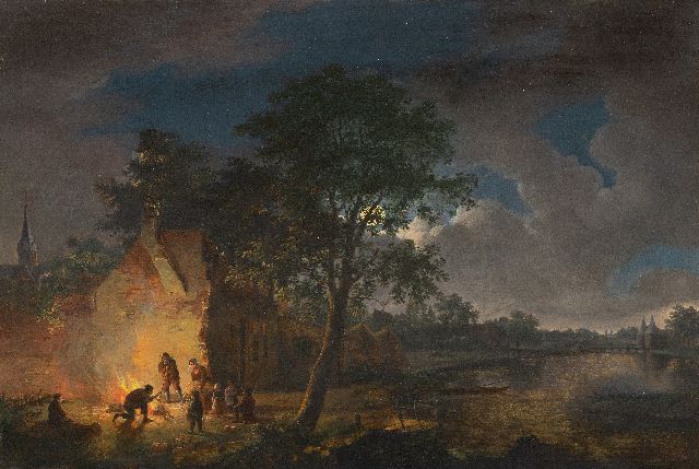 Jacob Abels | A moonlit landscape with figures around a fire pit, oil on panel, 39.1 x 51.5 cm