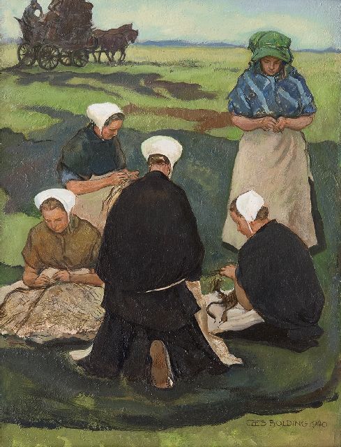 Cees Bolding | Mending the nets, Scheveningen, oil on canvas laid down on panel, 40.1 x 30.2 cm, signed l.r. and dated 1940