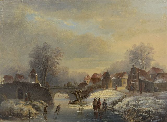 Mattias Parré | Skating fun on the canal, oil on panel, 22.0 x 30.1 cm