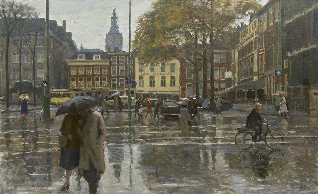 Boxel P.J. van | Together under an umbrella on the Buitenhof, The Hague, oil on canvas 100.5 x 160.5 cm, signed l.r. and painted in the 1960's