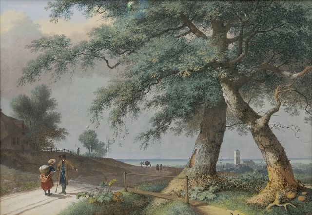 Knip J.A.  | Italian landscape with figures on a country road and a campanile in the distance, gouache on paper 49.5 x 71.5 cm