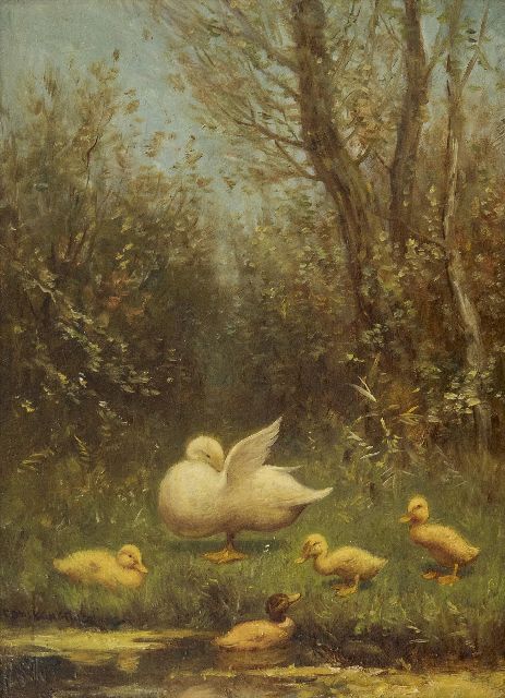 Constant Artz | Motherduck and her ducklings on a river bank, oil on panel, 24.1 x 18.1 cm, signed l.l.