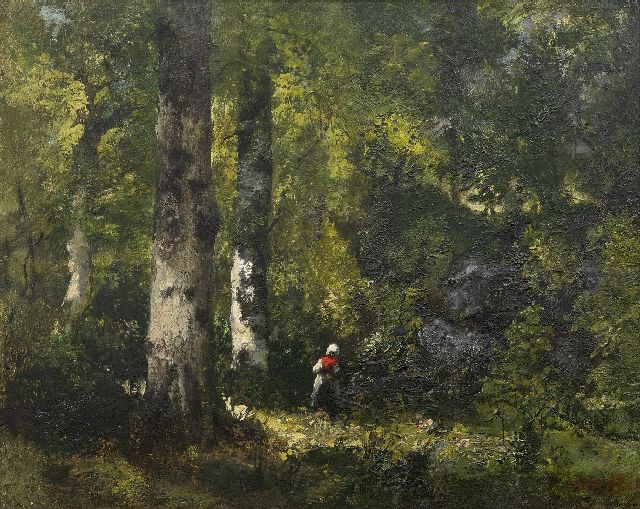 Narcisse Virgile Diaz de la Peña | A faggot gatherer in the woods of Fontainebleau, oil on painter's board, 32.3 x 40.6 cm, signed l.r.