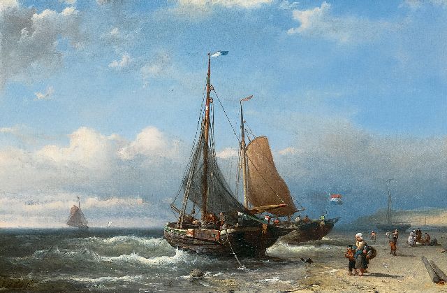 Johan Rust | Fishing boats at anchor at the beach, oil on panel, 24.3 x 36.6 cm, signed l.l.