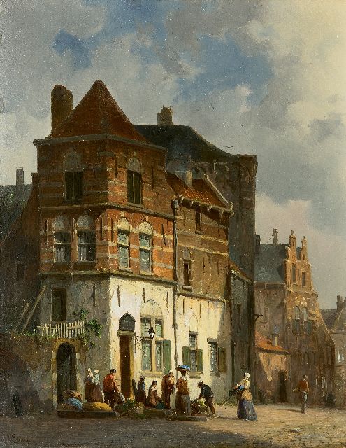 Adrianus Eversen | A town view with vegetablesellers, oil on panel, 27.4 x 21.3 cm, signed l.l.