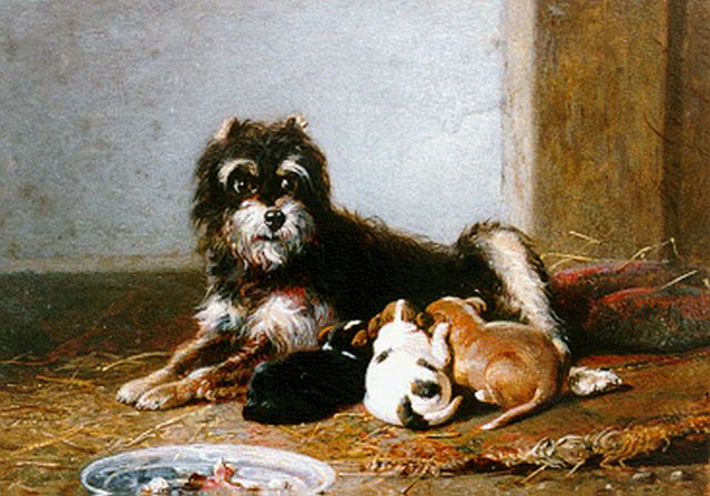 Bernard te Gempt | A dog with puppies, oil on panel, 17.7 x 23.1 cm, signed u.r. and dated 1860