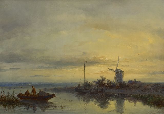 Hilverdink J.  | A river landscape with a rowing boat and fishermen, oil on panel 31.1 x 44.5 cm, signed l.r. and dated 1869