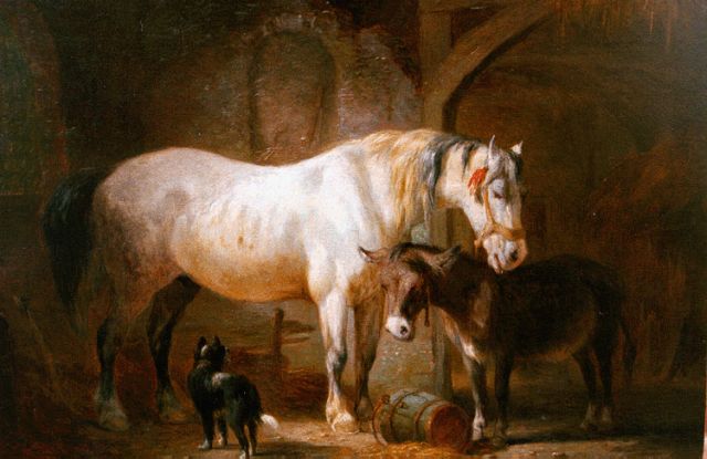 Pieter Frederik van Os | A stable interior with horse and donkey, oil on panel, 15.5 x 22.3 cm, signed l.l.