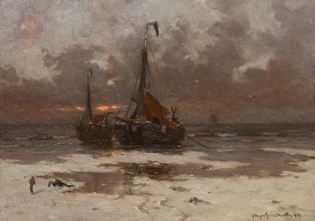 Morgenstjerne Munthe | Fishing boats at sunset, oil on canvas, 59.0 x 86.7 cm, signed l.r. and dated 1909