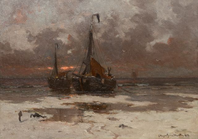 Munthe G.A.L.  | Fishing boats at sunset, oil on canvas 59.0 x 86.7 cm, signed l.r. and dated 1909