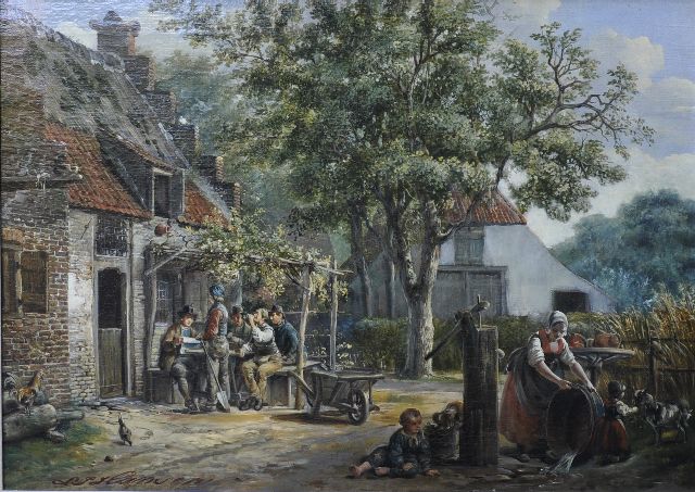 Hansen L.J.  | A village with drinkers at a tavern, oil on canvas 41.1 x 56.1 cm, signed l.l.