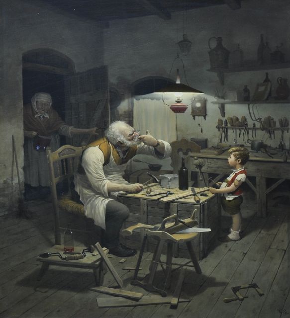 Vida Gábor | The unfortunate cabinetmaker, oil on panel, 50.0 x 40.1 cm, signed l.r. with initials