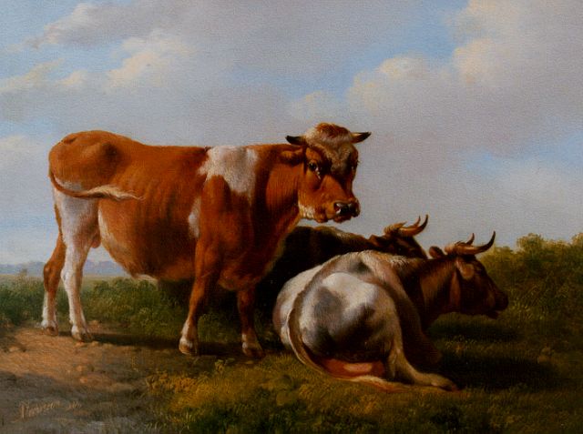 Albertus Verhoesen | A bull and two cows in a meadow, oil on panel, 17.0 x 22.4 cm, signed l.l. and dated 1846